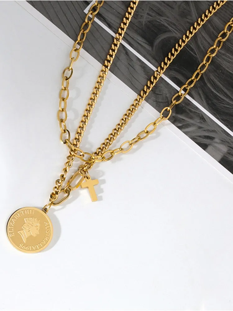 316L Stainless Steel Korea Style Roman Portrait Double-layer Retro Necklace