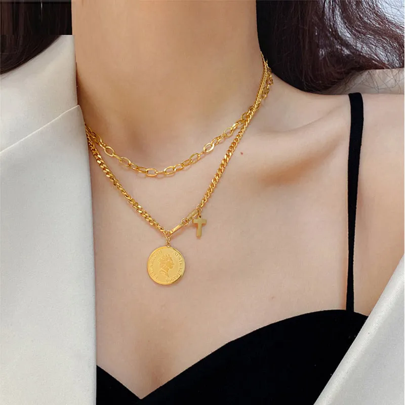316L Stainless Steel Korea Style Roman Portrait Double-layer Retro Necklace