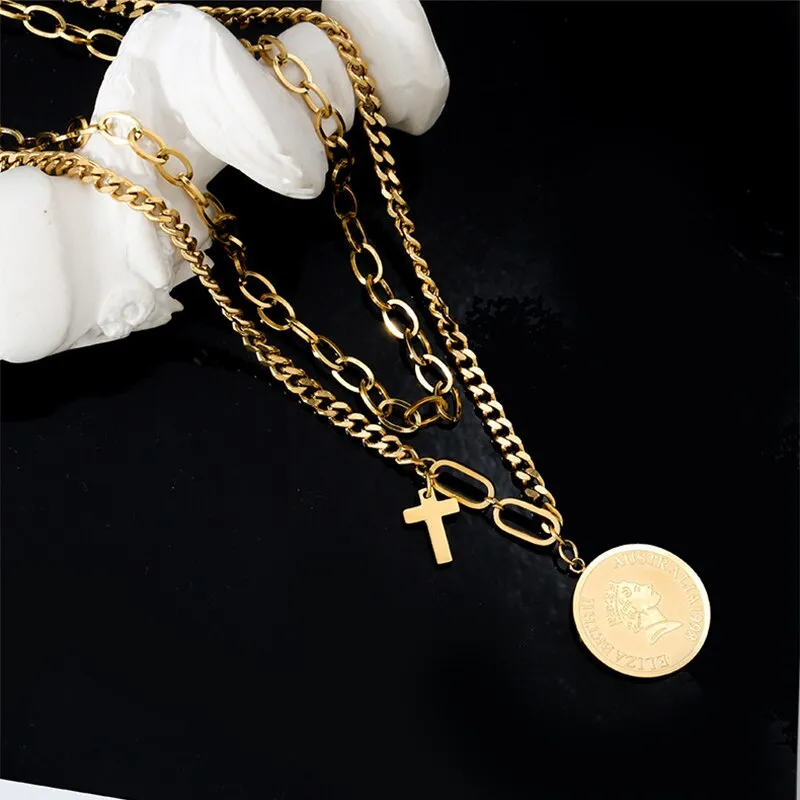 316L Stainless Steel Korea Style Roman Portrait Double-layer Retro Necklace