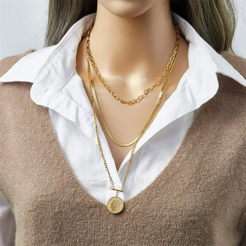 316L Stainless Steel Three-tiered Round Brand Pendant Necklace