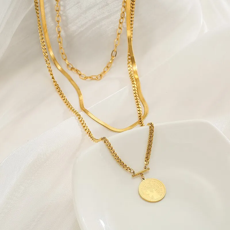 316L Stainless Steel Three-tiered Round Brand Pendant Necklace