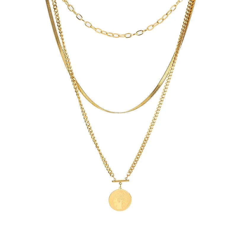 316L Stainless Steel Three-tiered Round Brand Pendant Necklace