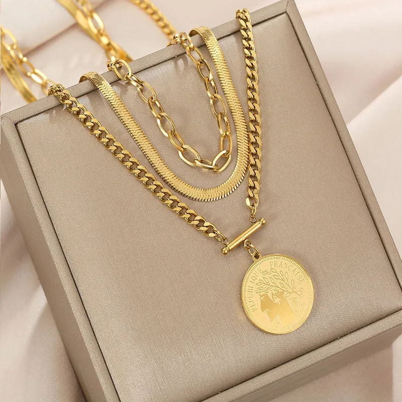 316L Stainless Steel Three-tiered Round Brand Pendant Necklace