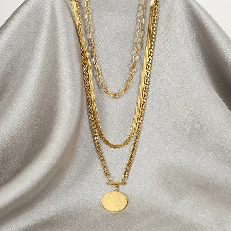 316L Stainless Steel Three-tiered Round Brand Pendant Necklace