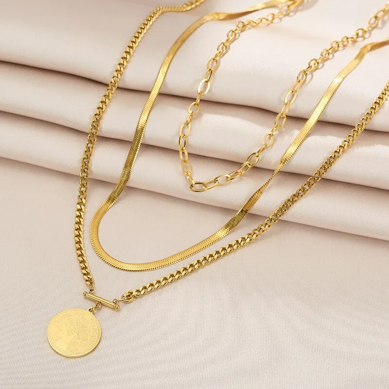 316L Stainless Steel Three-tiered Round Brand Pendant Necklace