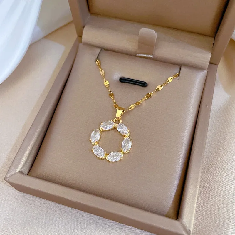 316L Stainless Steel White Zircon Round Pendant Necklace For Women