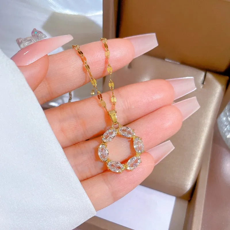 316L Stainless Steel White Zircon Round Pendant Necklace For Women