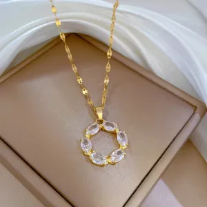 316L Stainless Steel White Zircon Round Pendant Necklace For Women