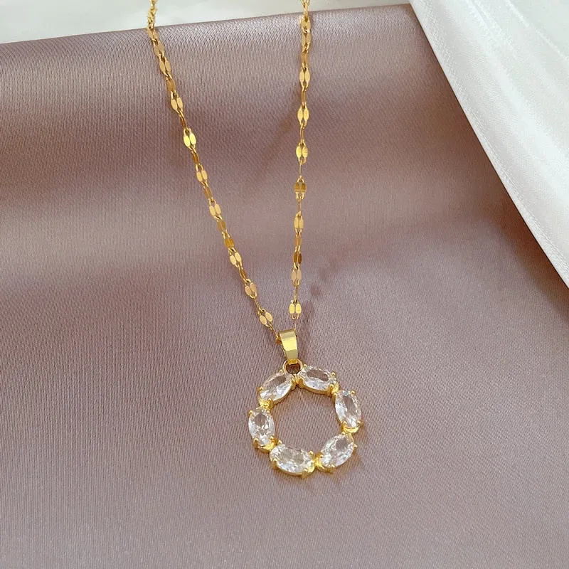 316L Stainless Steel White Zircon Round Pendant Necklace For Women