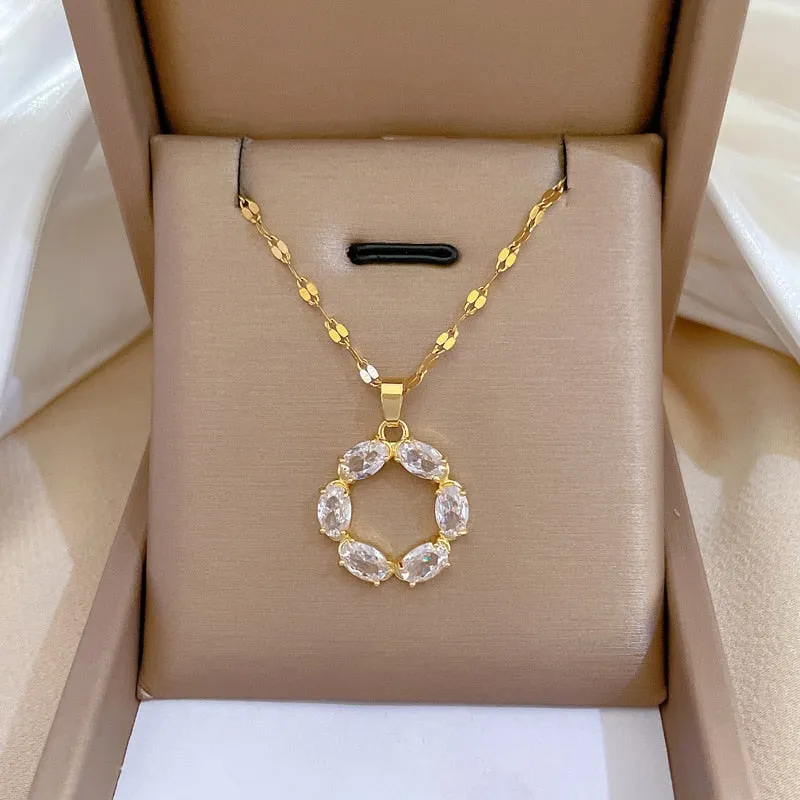 316L Stainless Steel White Zircon Round Pendant Necklace For Women