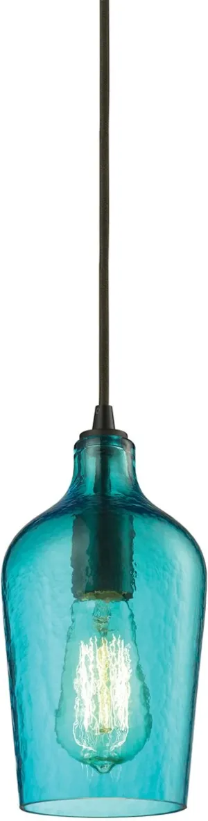 5"W Hammered Glass 1-Light Pendant Oil Rubbed Bronze/Aqua Glass