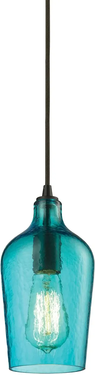 5"W Hammered Glass 1-Light Pendant Oil Rubbed Bronze/Aqua Glass
