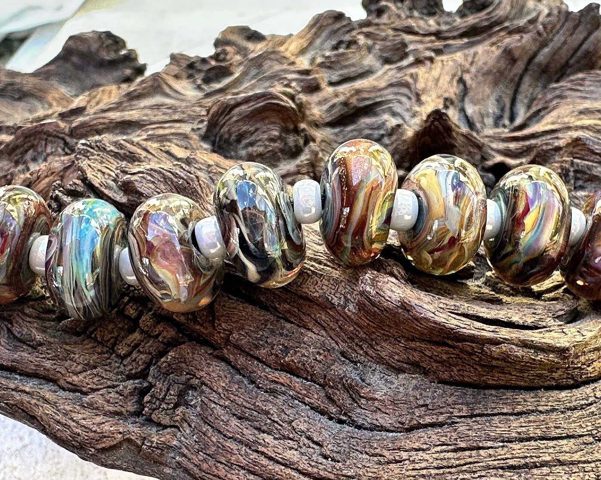 9 Multicolor Brown Swirl Lampwork Beads Set SRA