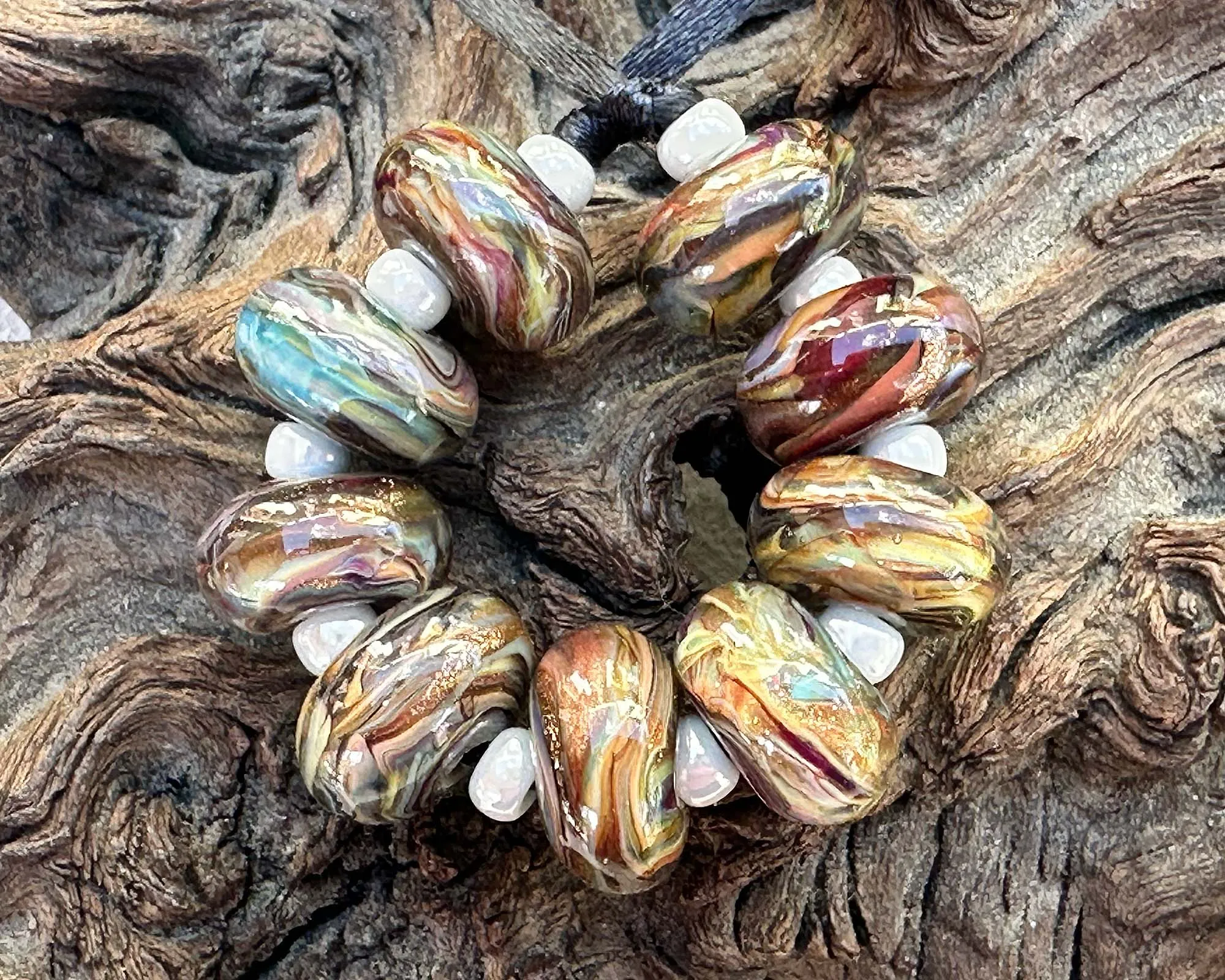 9 Multicolor Brown Swirl Lampwork Beads Set SRA