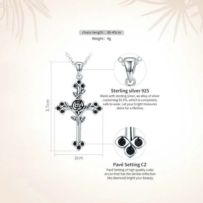 925 Sterling Silver Rose and Leaf Cross Pendant Necklace