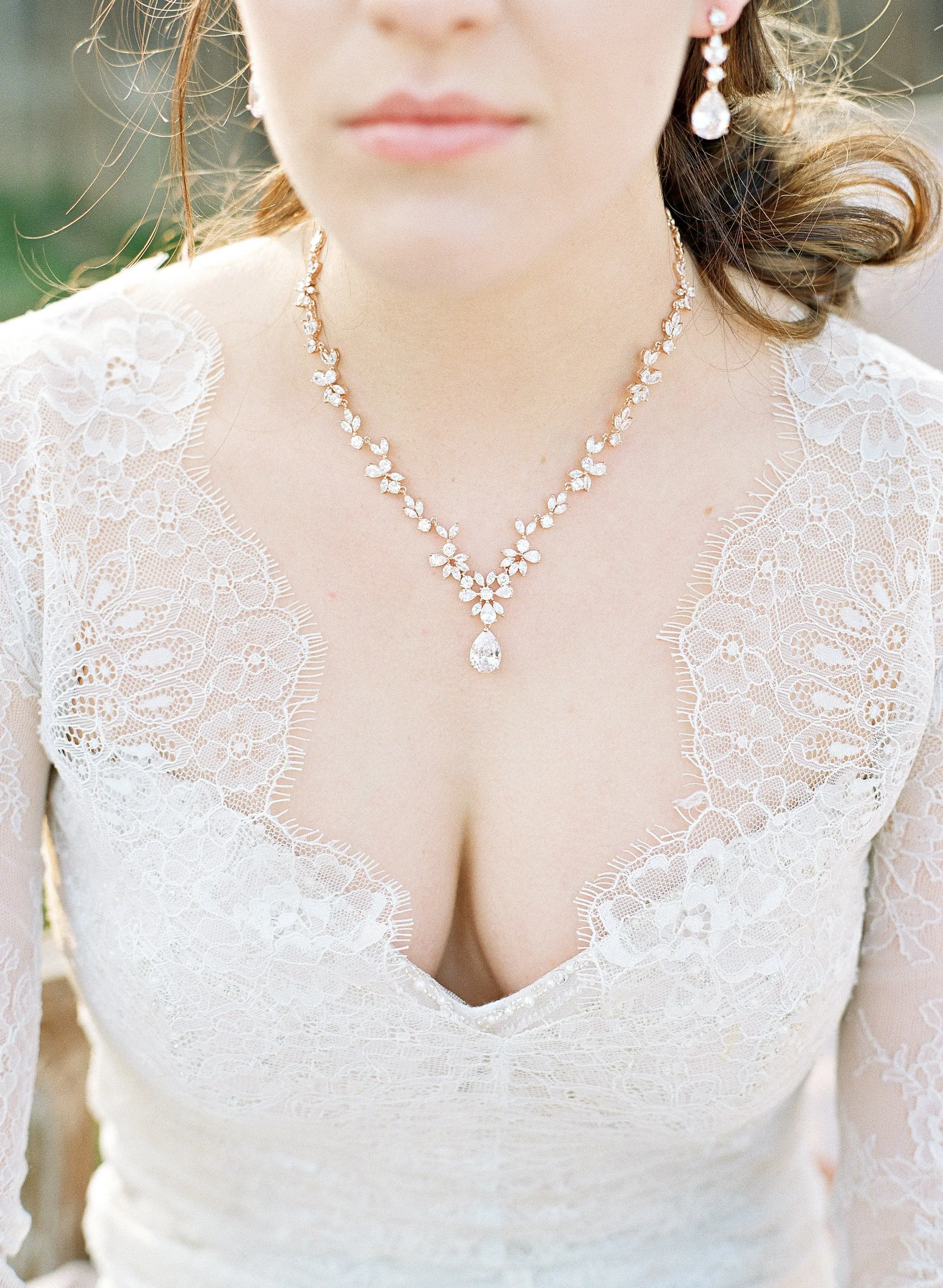 ADELIE Rose Gold Simulated Diamond Necklace and Earrings Set