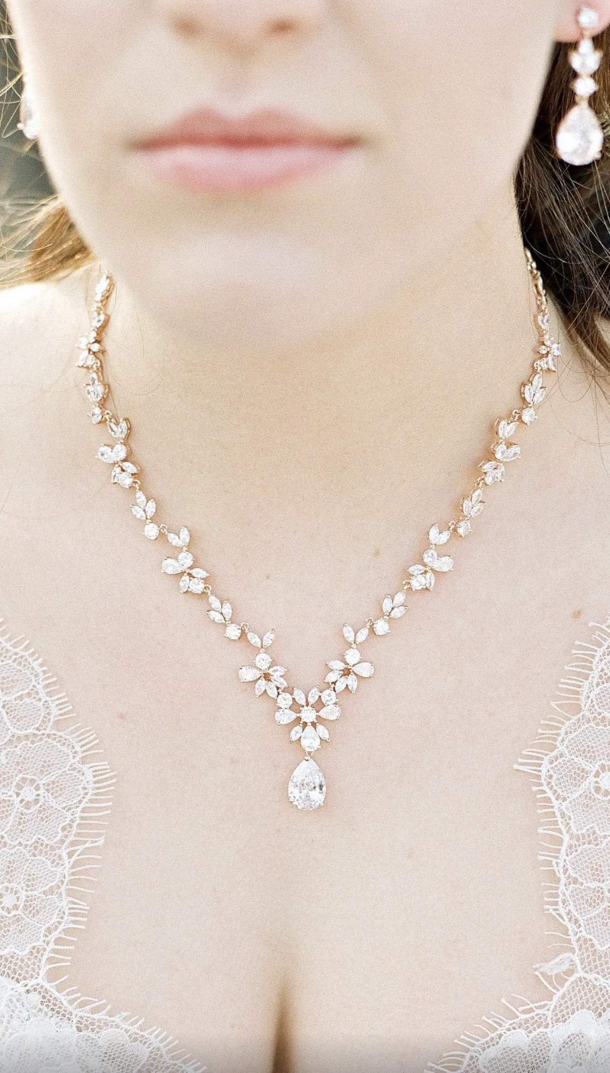 ADELIE Rose Gold Simulated Diamond Necklace and Earrings Set
