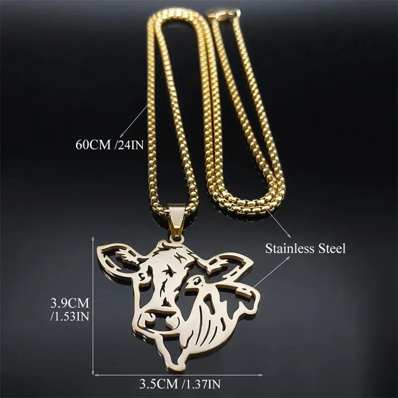 Aesthetic Animal Cow Cattle Necklace for Women Men Stainless Steel Gold Color