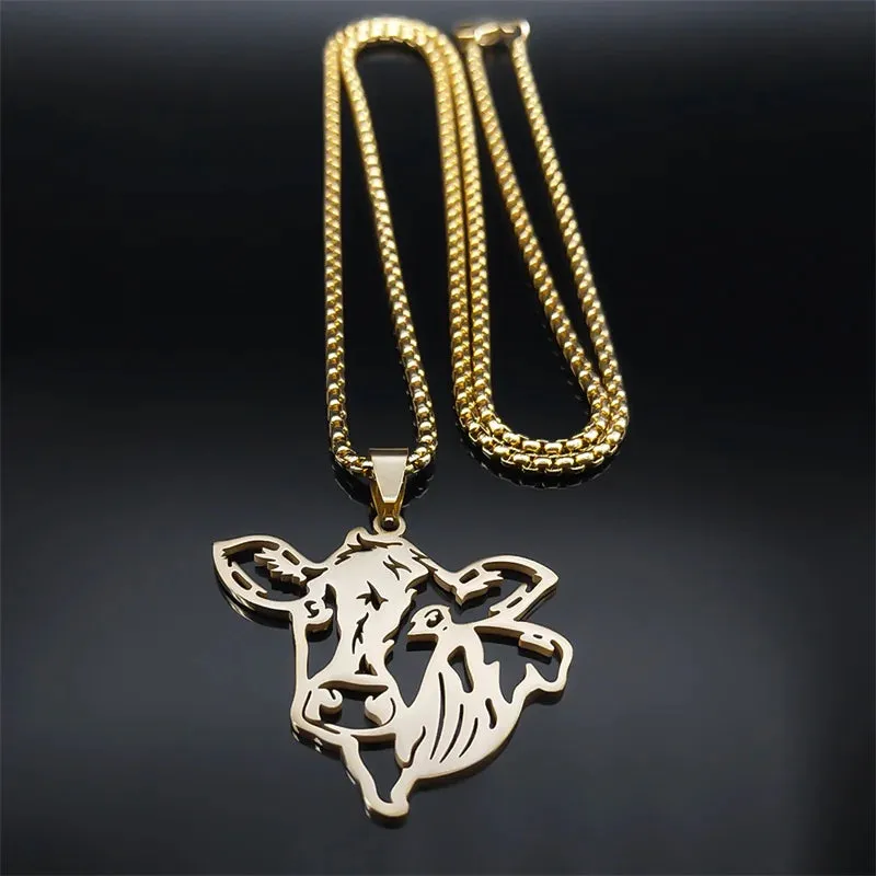 Aesthetic Animal Cow Cattle Necklace for Women Men Stainless Steel Gold Color