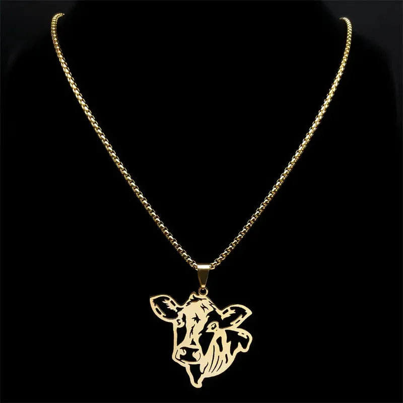 Aesthetic Animal Cow Cattle Necklace for Women Men Stainless Steel Gold Color