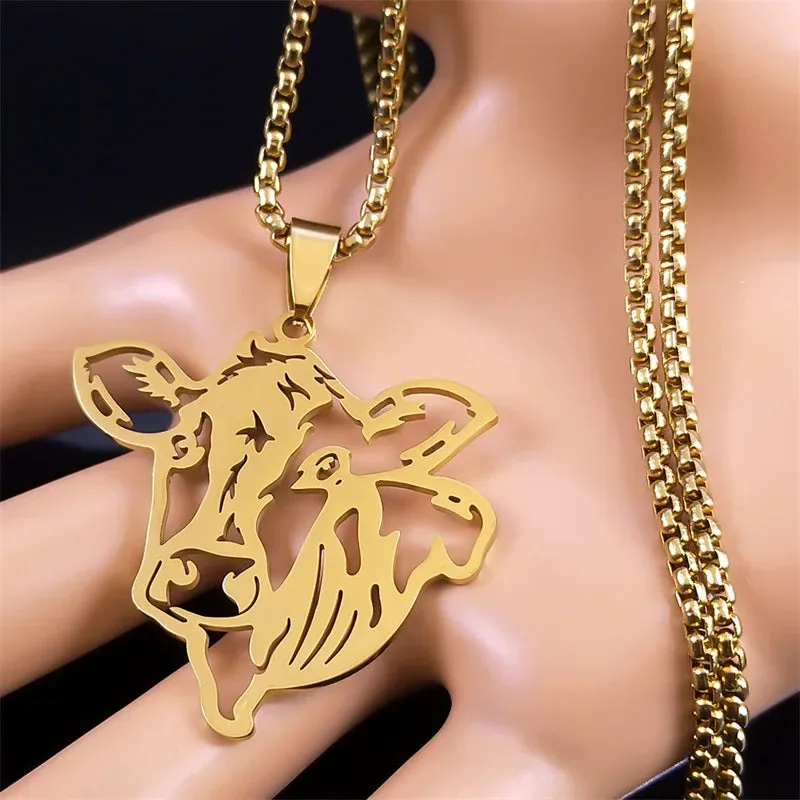 Aesthetic Animal Cow Cattle Necklace for Women Men Stainless Steel Gold Color