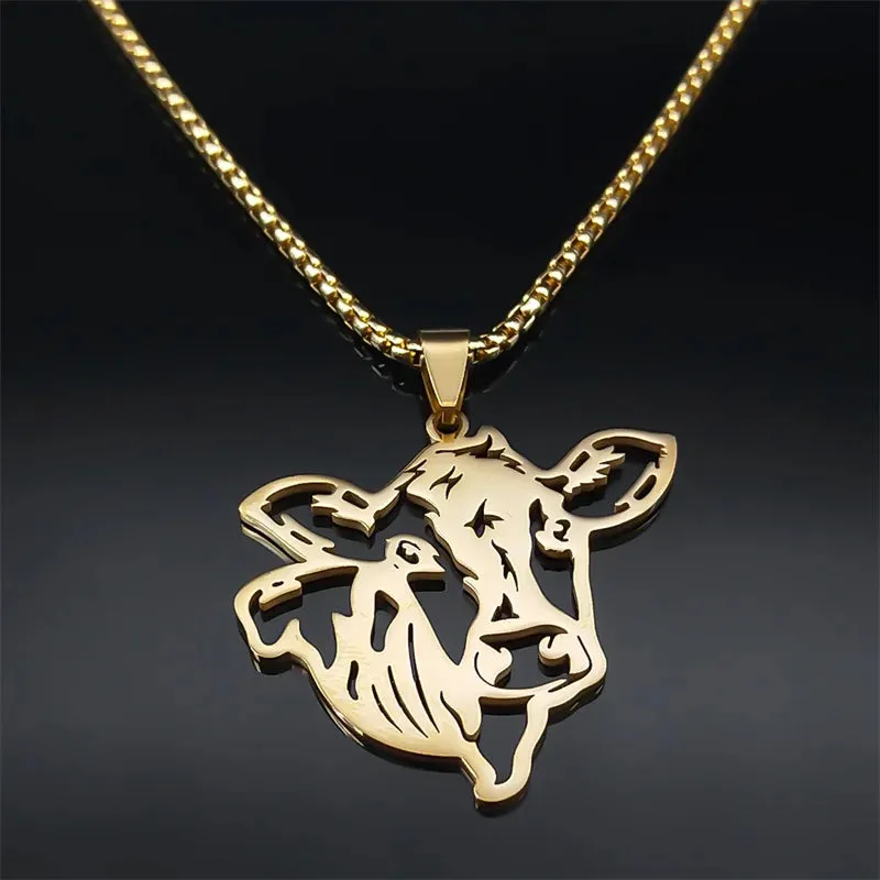 Aesthetic Animal Cow Cattle Necklace for Women Men Stainless Steel Gold Color