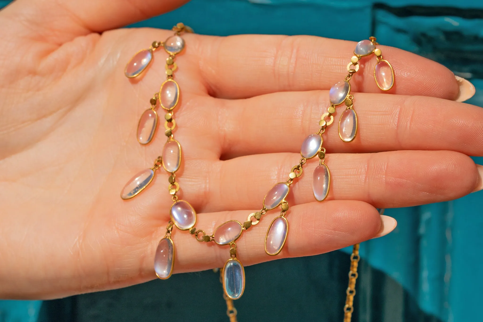 Antique 9ct Gold Moonstone Fringe Necklace, 24.40ct