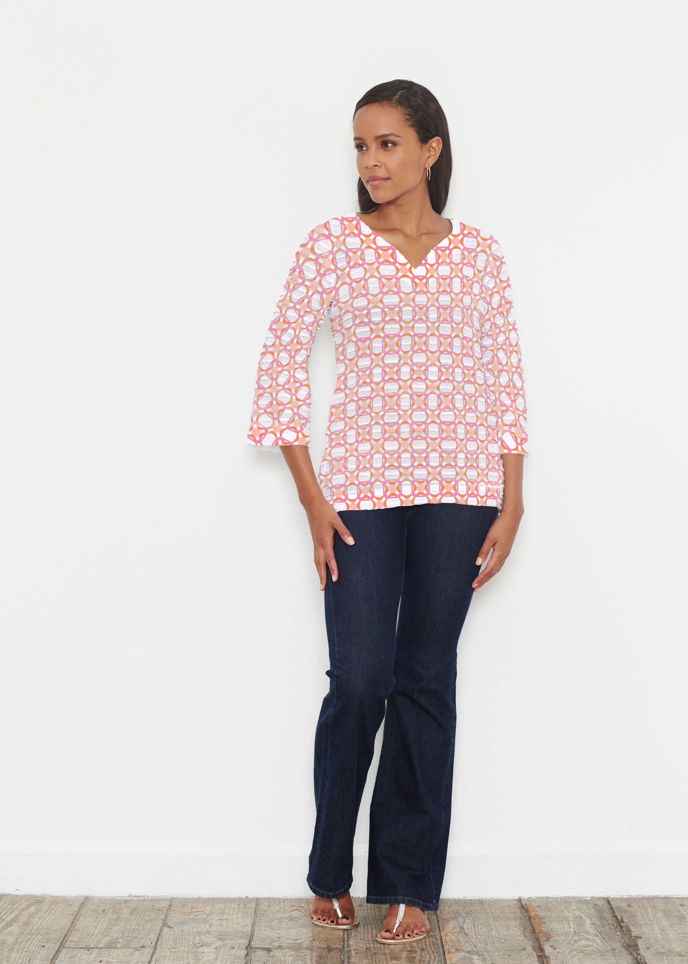 Bangles & Dots (8022) ~ Banded 3/4 Bell-Sleeve V-Neck Tunic