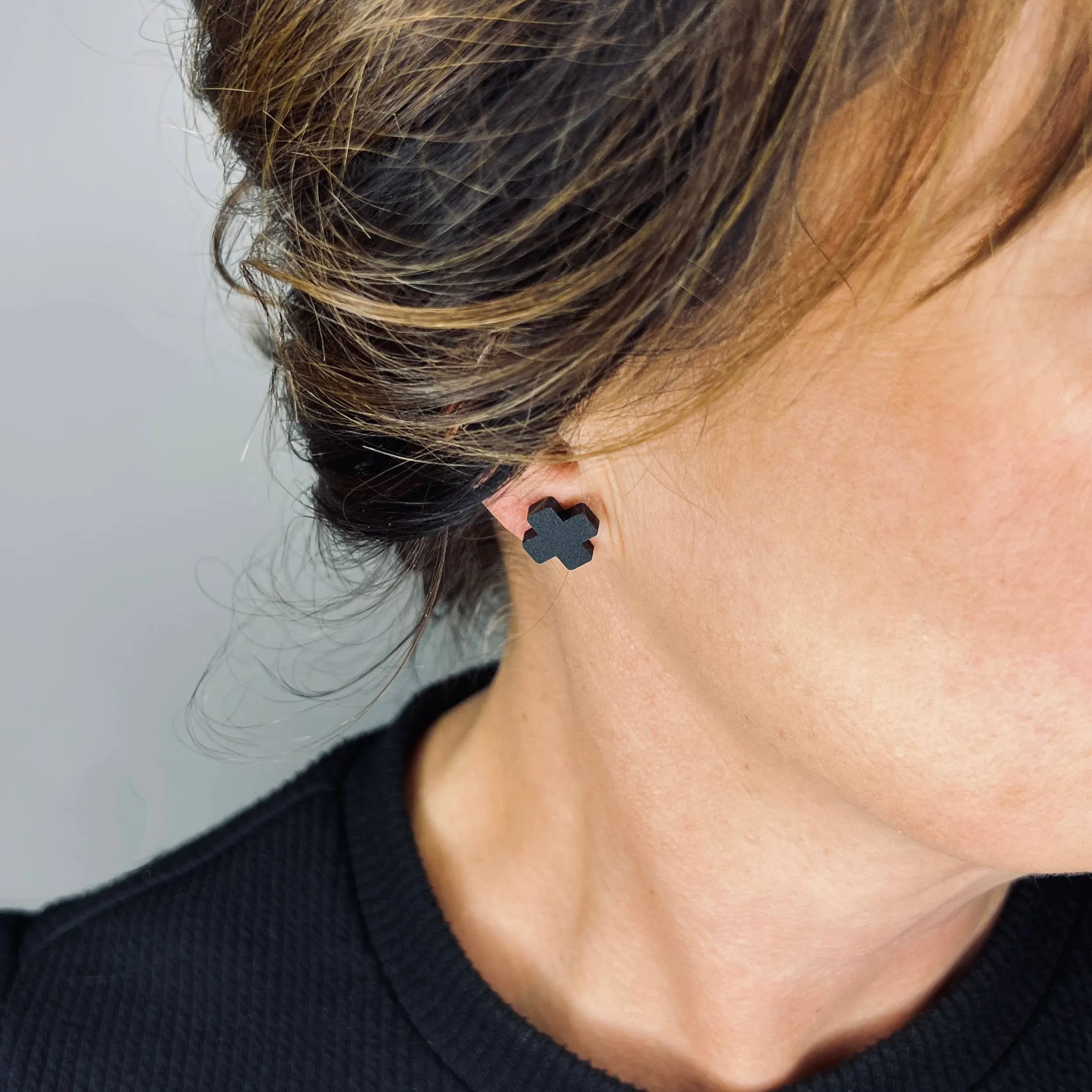Black Cross Stud Earrings - Small Cross Earrings, Minimalist
