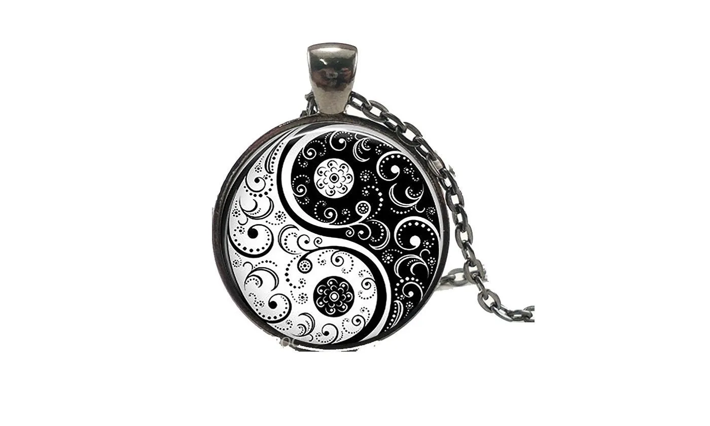 Black White Gothic Yin Yang Glass Cabochon Pendant Necklace