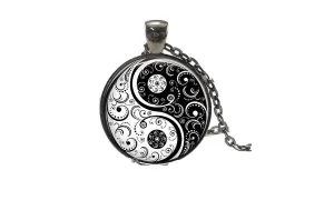 Black White Gothic Yin Yang Glass Cabochon Pendant Necklace