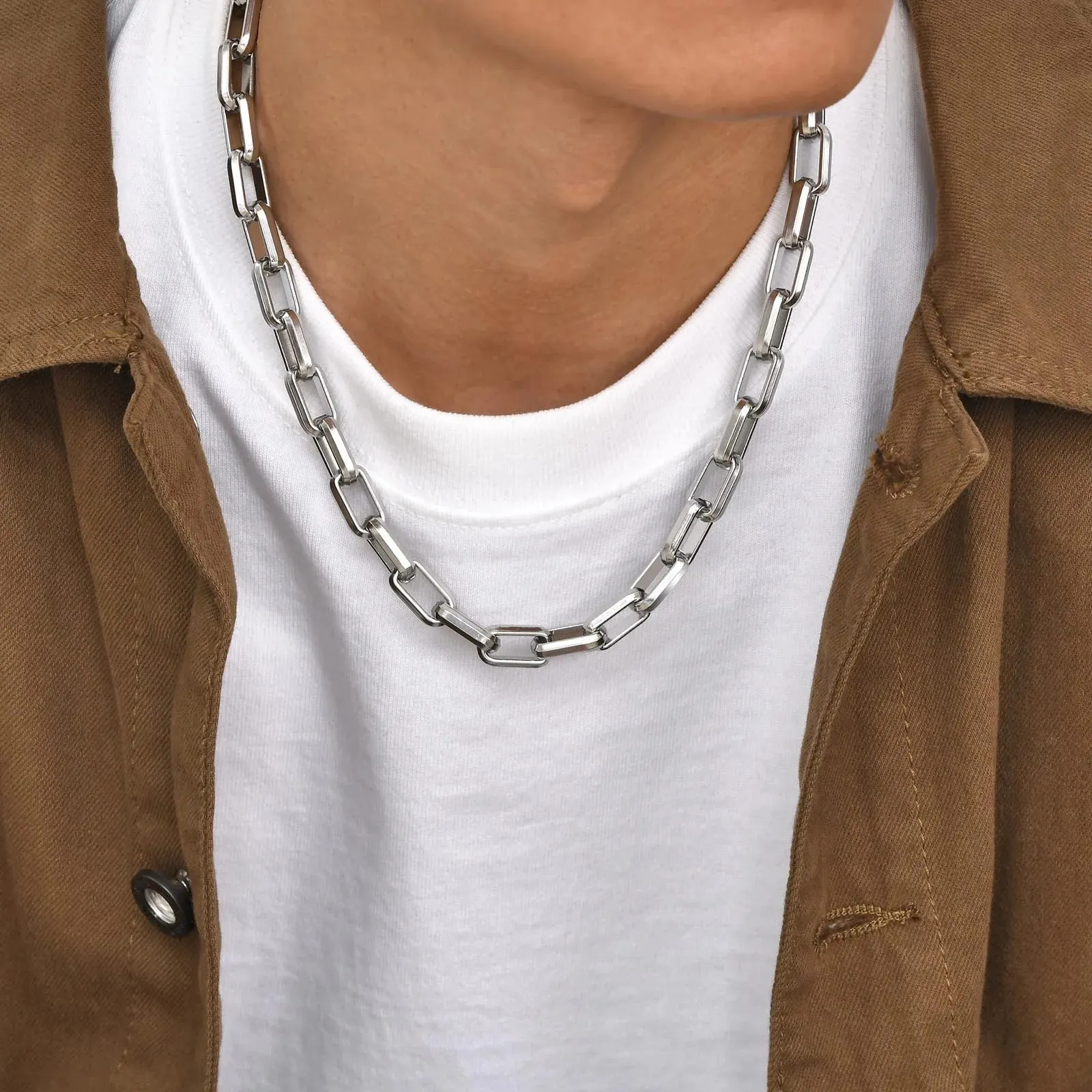 Bold Rectangle Chain Necklaces for Men Boys,Silver Color Square Chain Collar