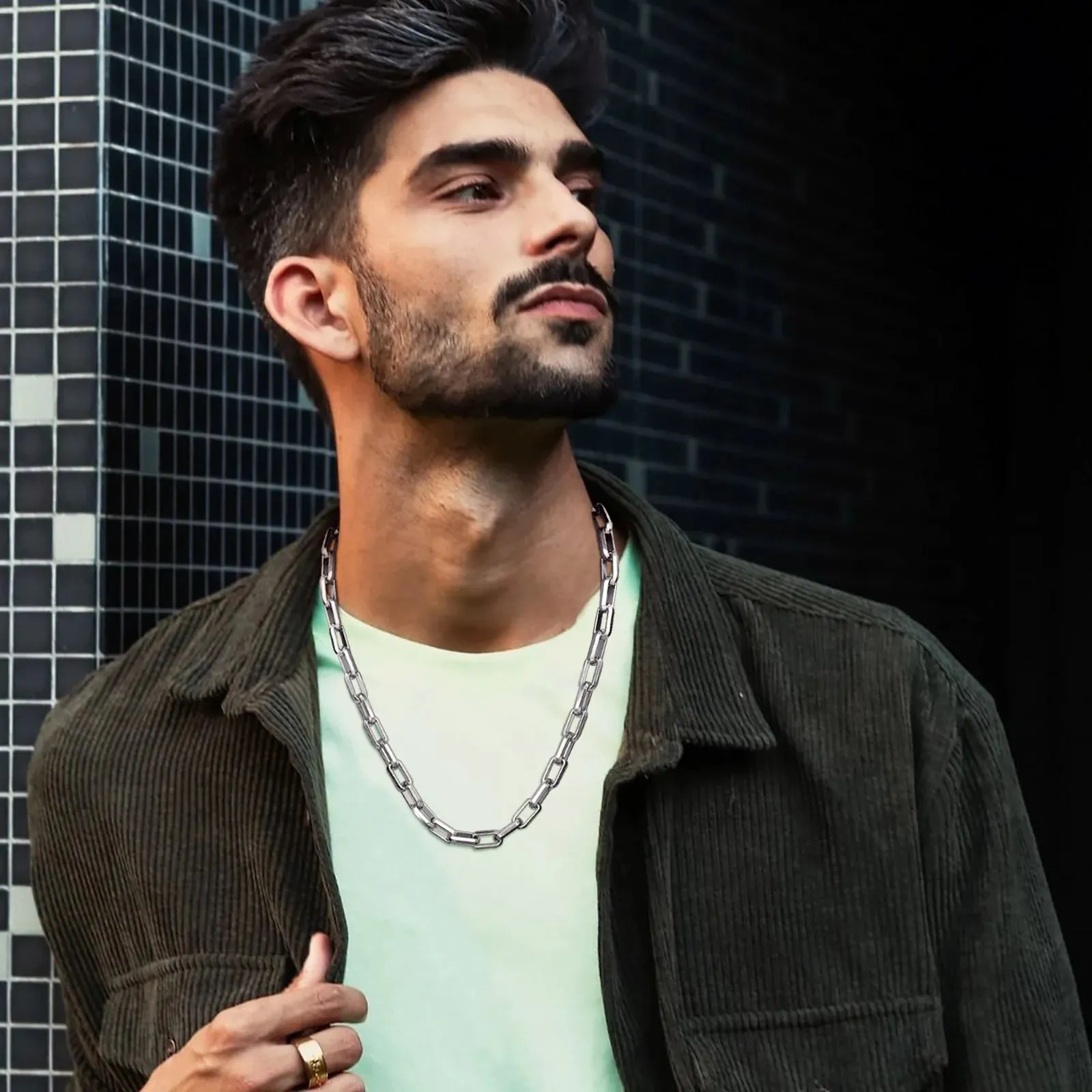 Bold Rectangle Chain Necklaces for Men Boys,Silver Color Square Chain Collar