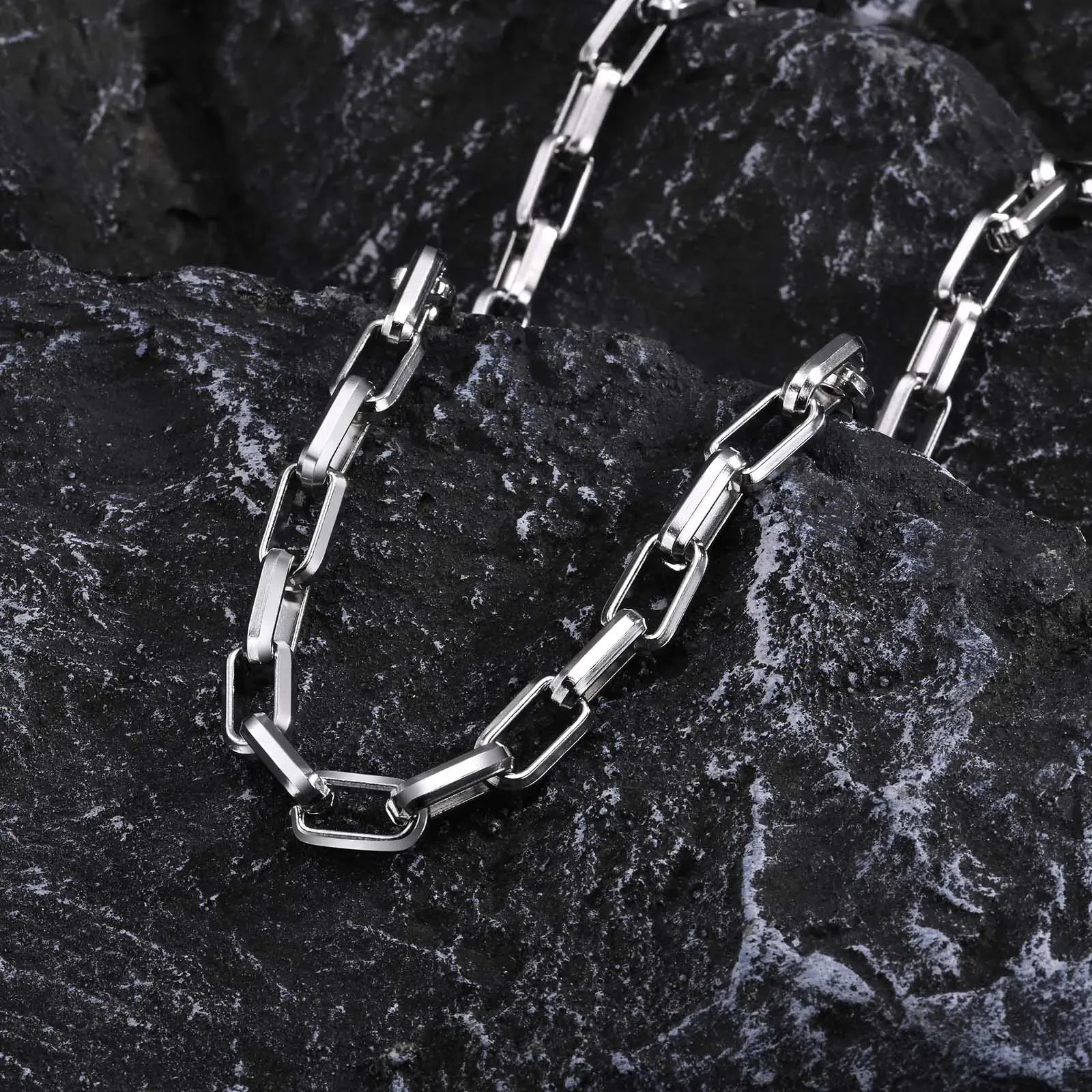 Bold Rectangle Chain Necklaces for Men Boys,Silver Color Square Chain Collar