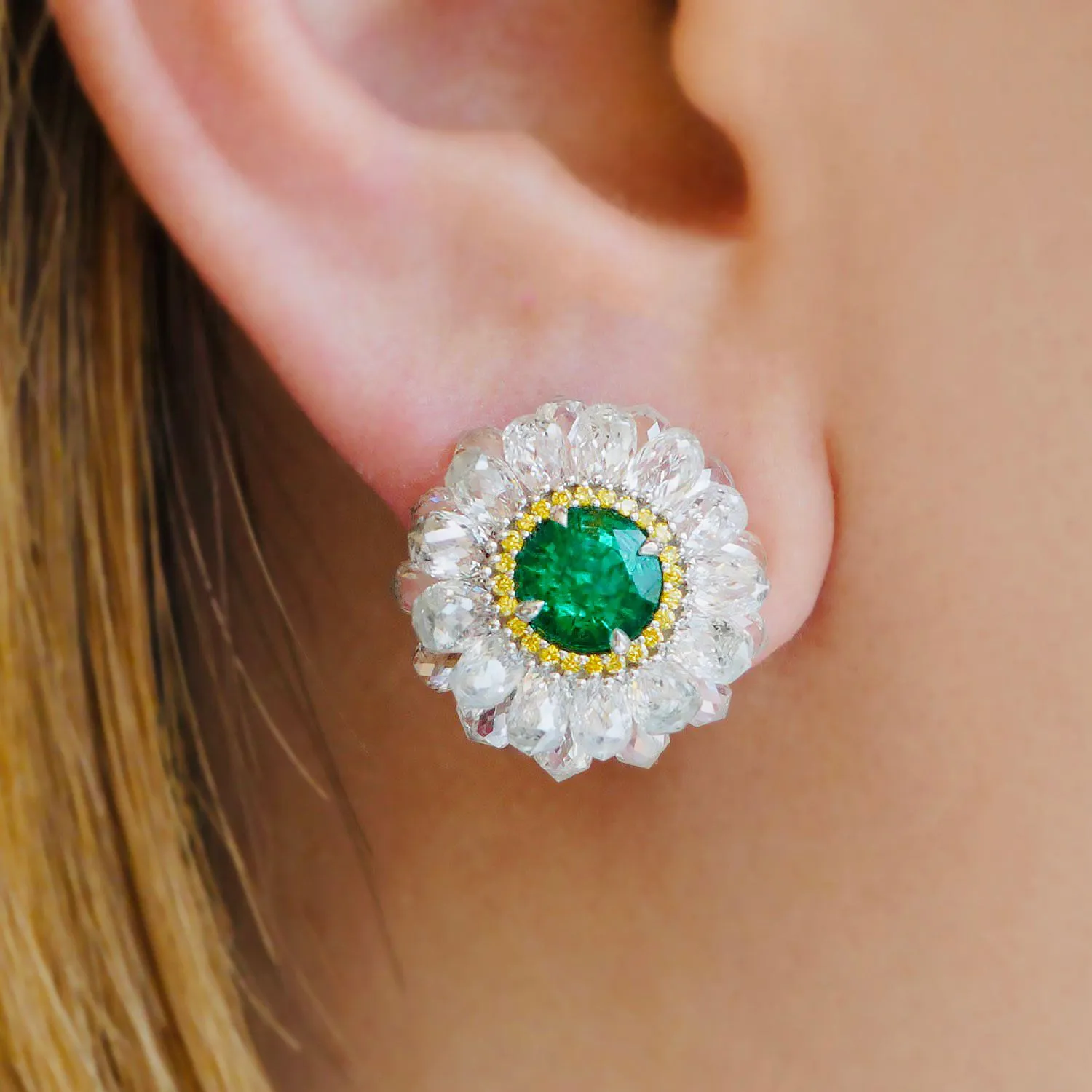 Contemporary Zambian Emerald Diamond Halo Button Earrings