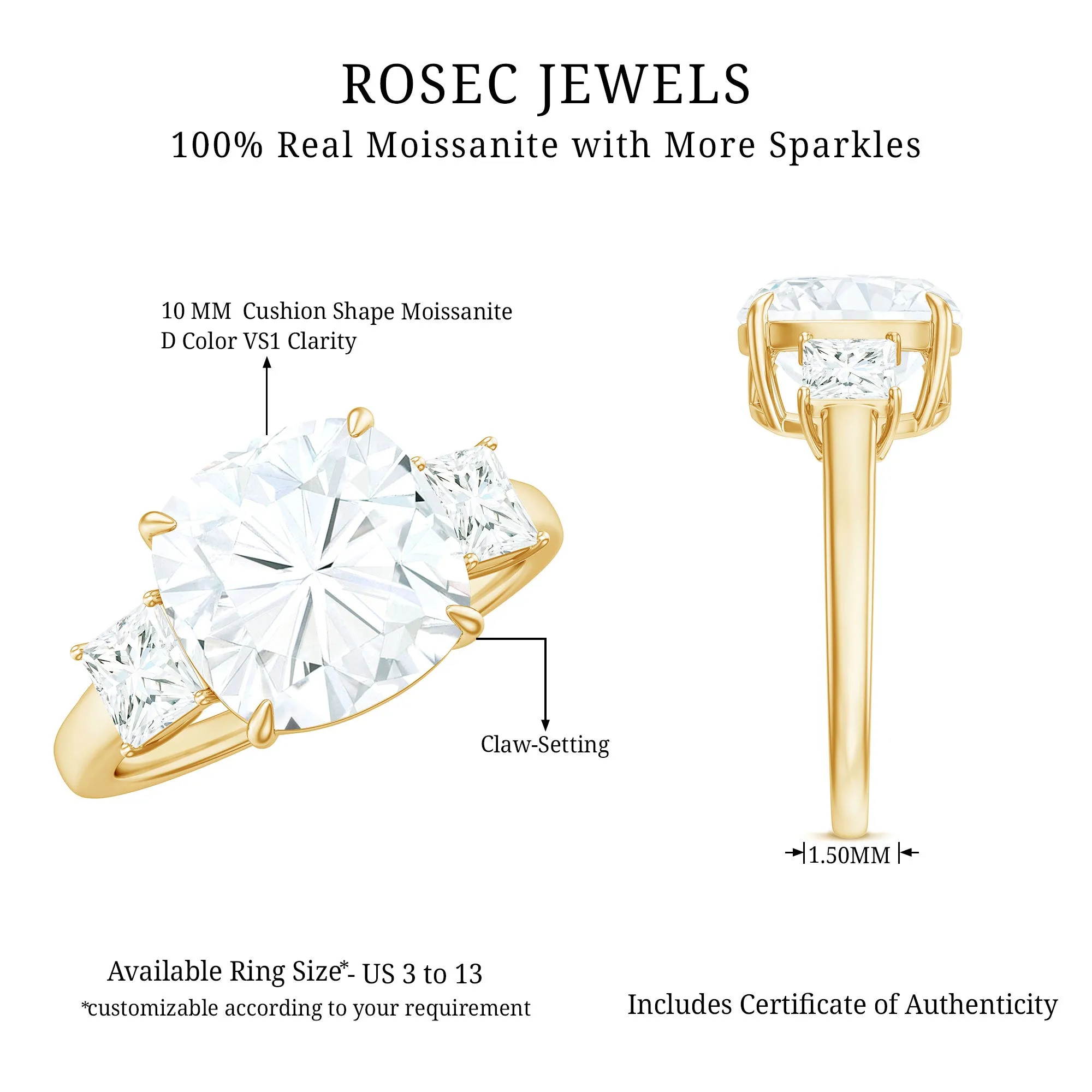 Cushion and Princess Cut Moissanite Big Engagement Ring