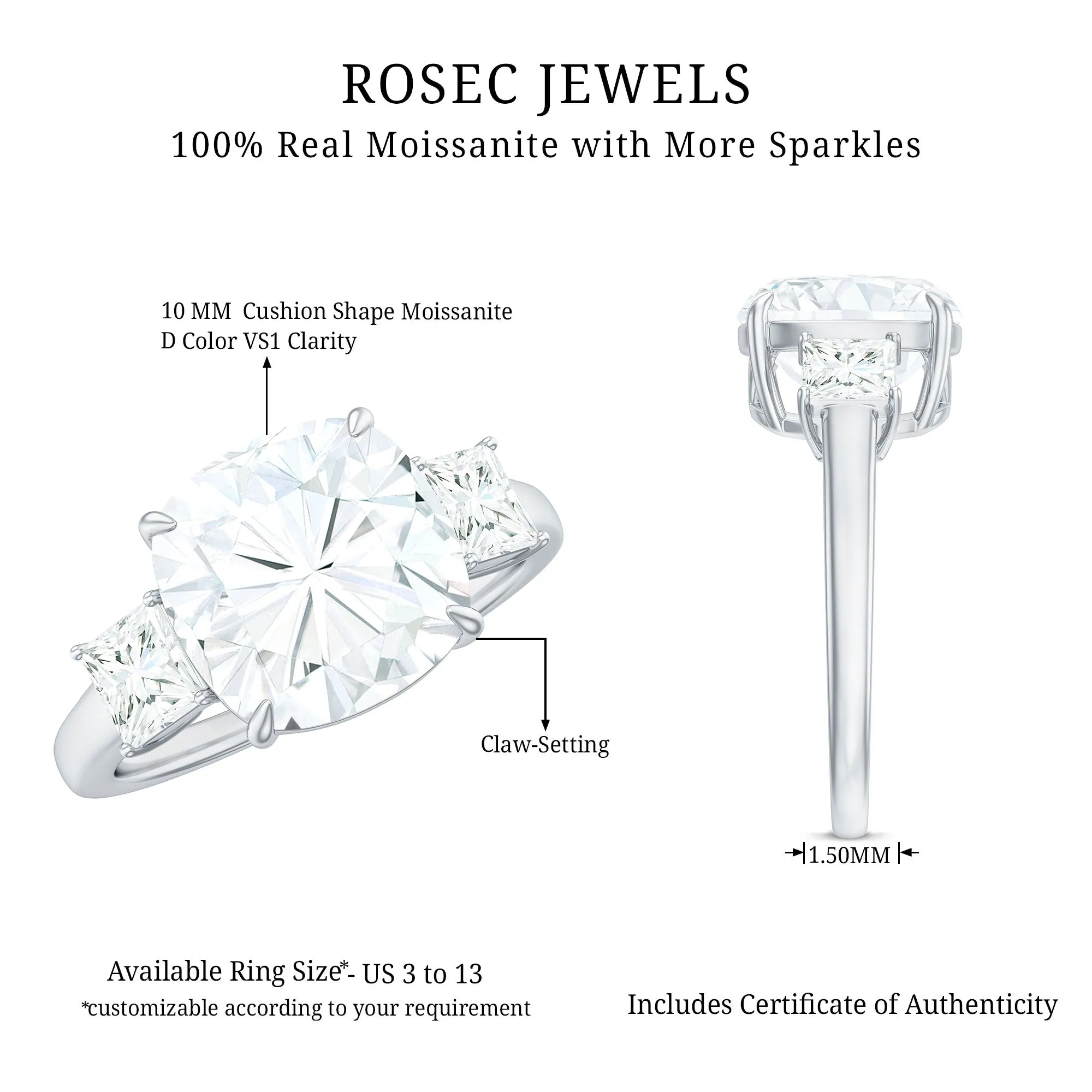 Cushion and Princess Cut Moissanite Big Engagement Ring