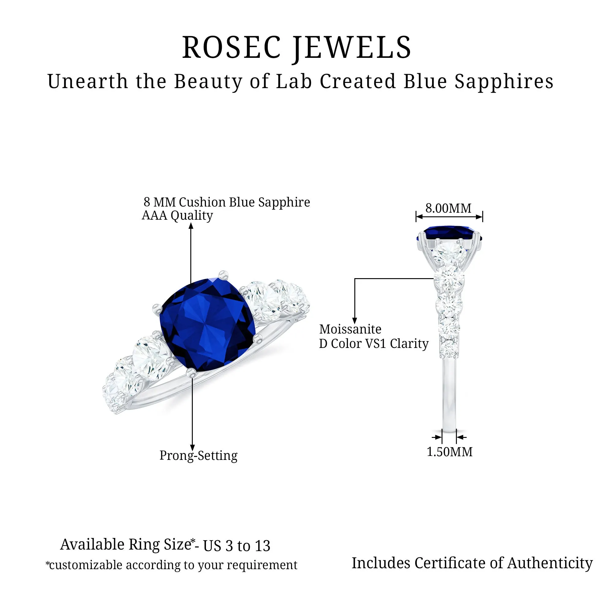 Cushion Cut Lab Grown Blue Sapphire Solitaire Ring with Moissanite