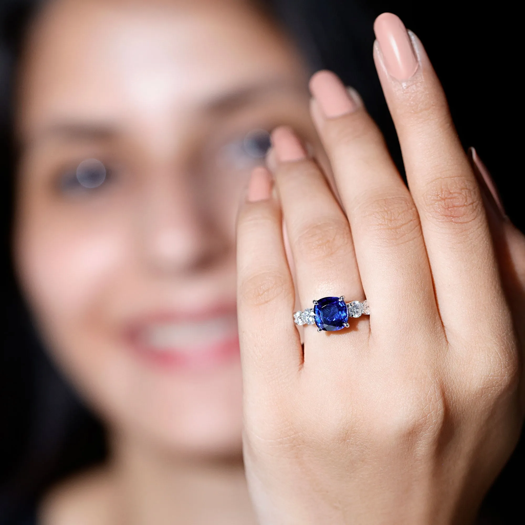 Cushion Cut Lab Grown Blue Sapphire Solitaire Ring with Moissanite