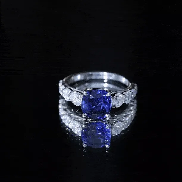 Cushion Cut Lab Grown Blue Sapphire Solitaire Ring with Moissanite