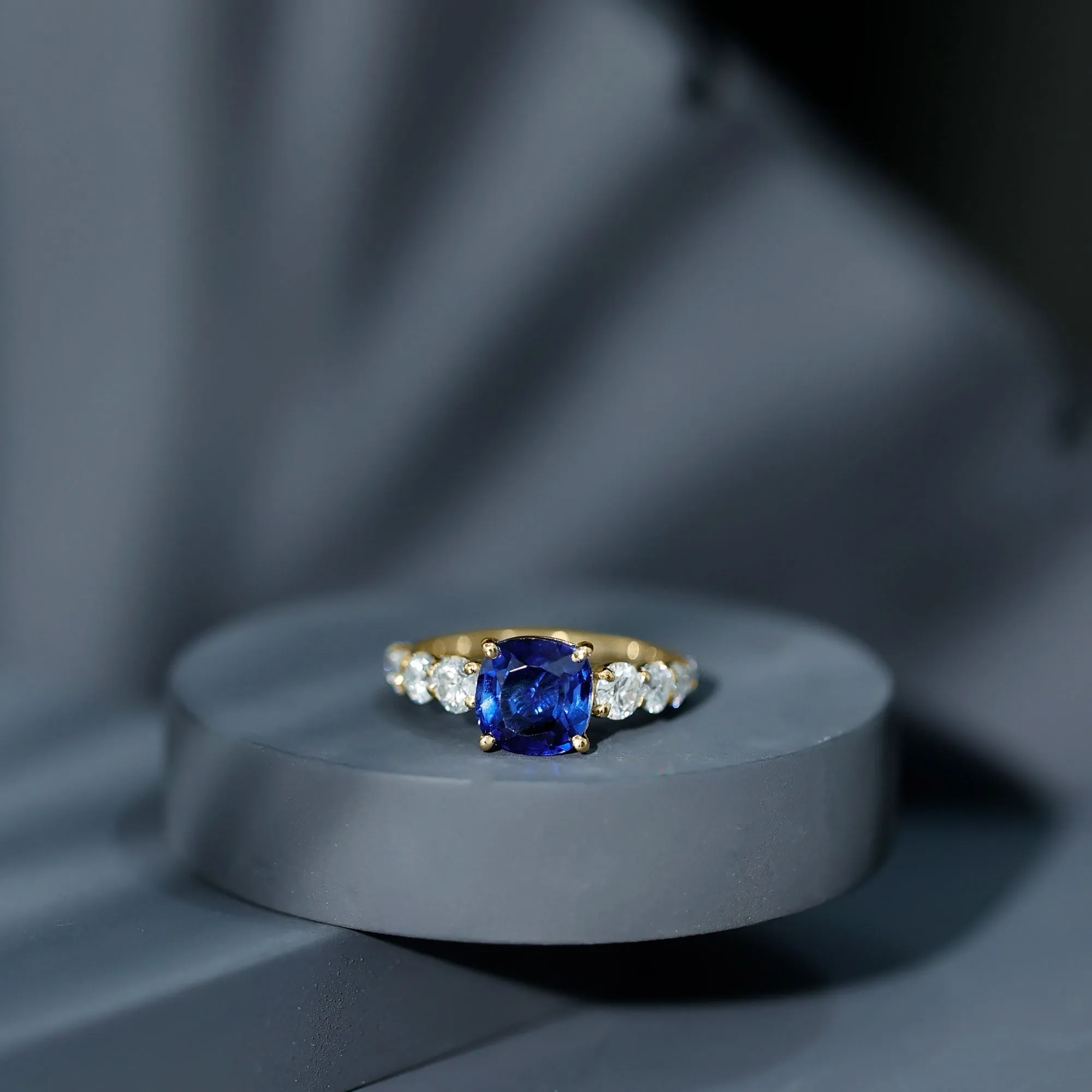 Cushion Cut Lab Grown Blue Sapphire Solitaire Ring with Moissanite