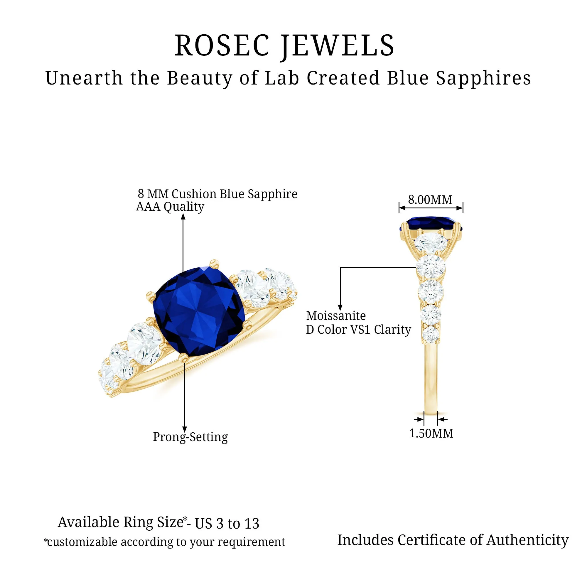 Cushion Cut Lab Grown Blue Sapphire Solitaire Ring with Moissanite
