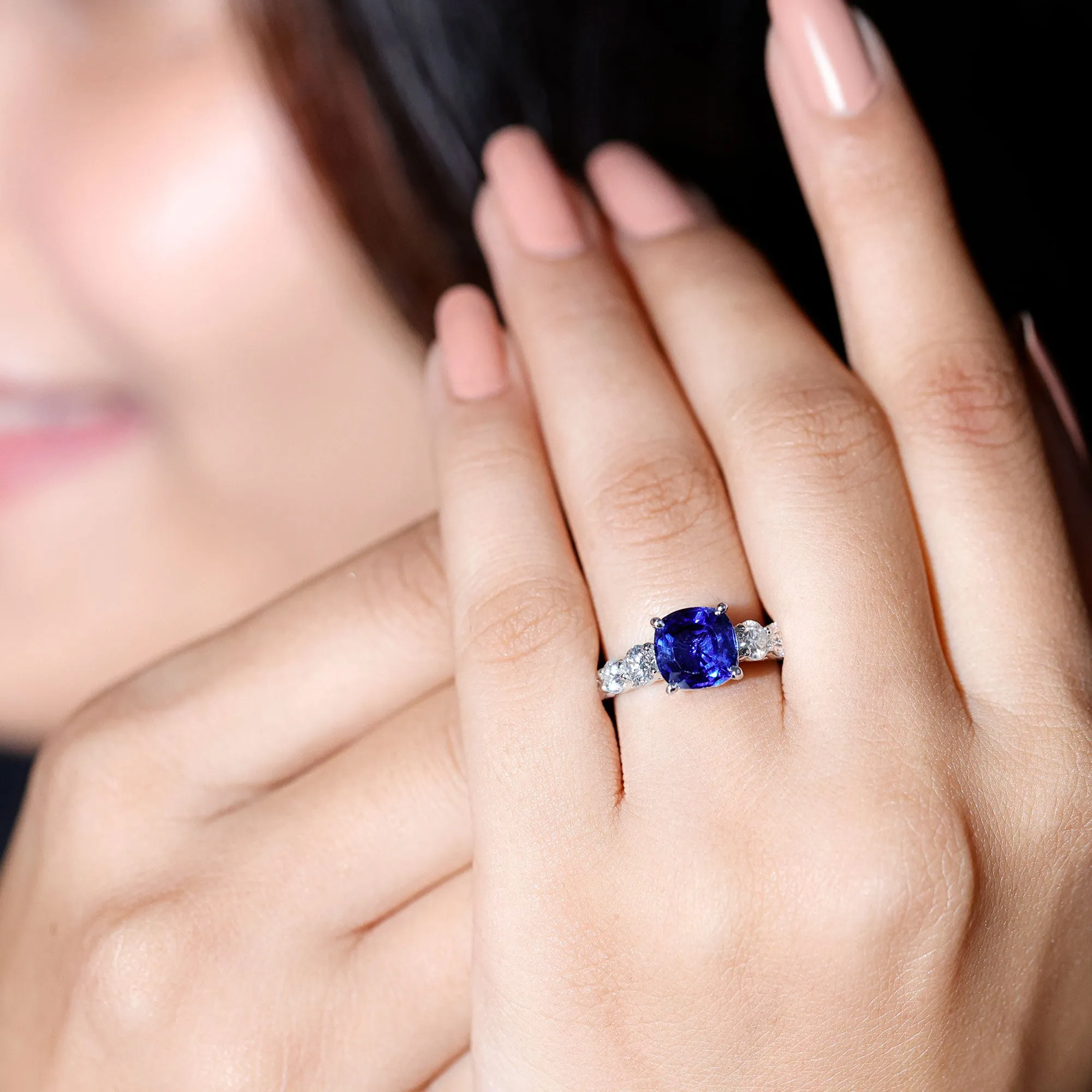 Cushion Cut Lab Grown Blue Sapphire Solitaire Ring with Moissanite
