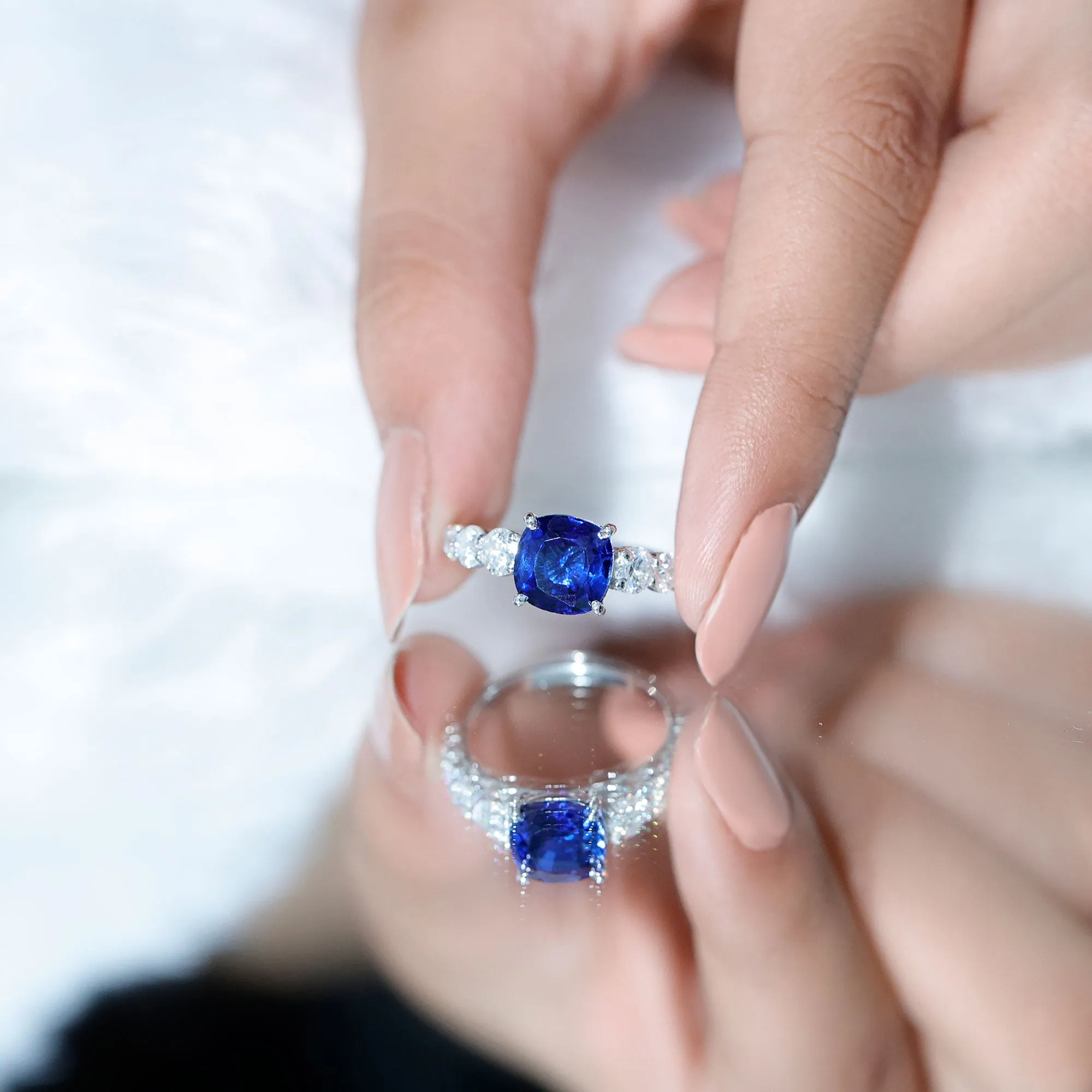 Cushion Cut Lab Grown Blue Sapphire Solitaire Ring with Moissanite