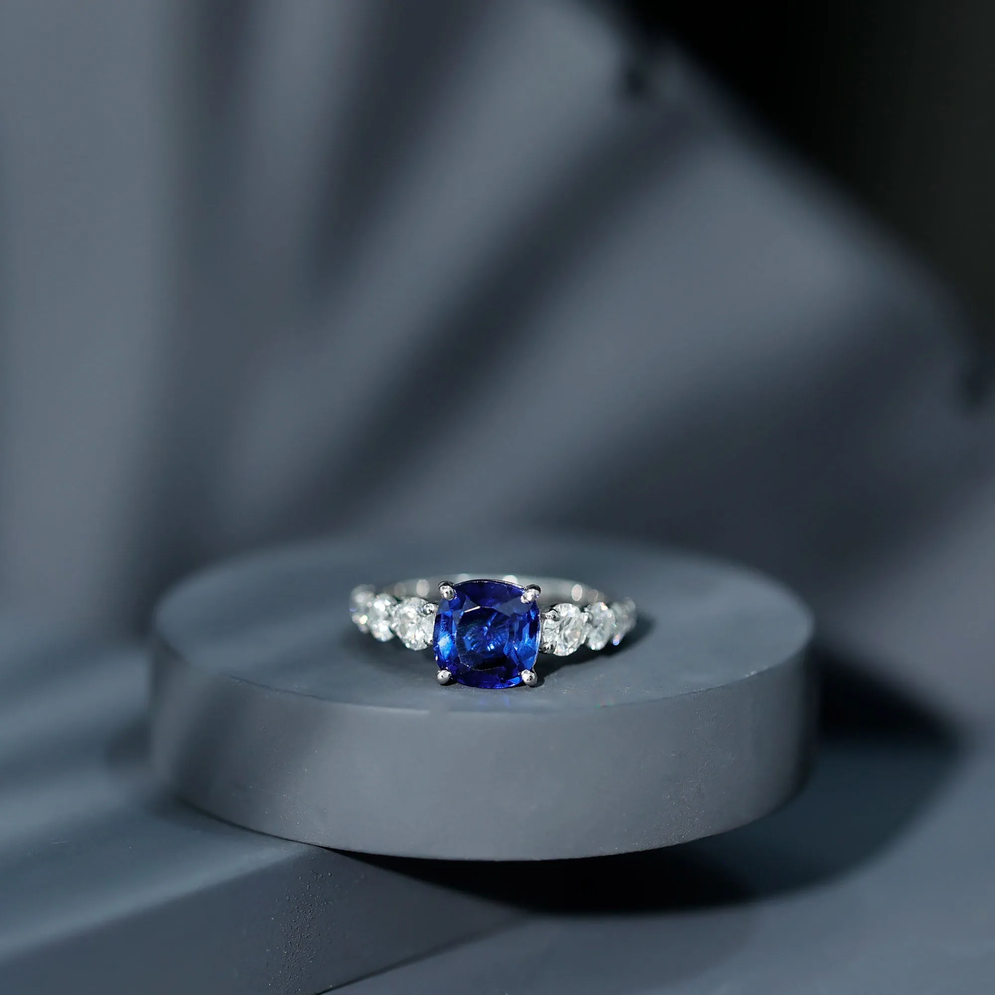 Cushion Cut Lab Grown Blue Sapphire Solitaire Ring with Moissanite