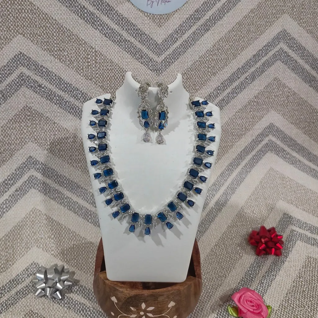 Deep Blue - Diamond Choker necklace American Diamond with designer earrings