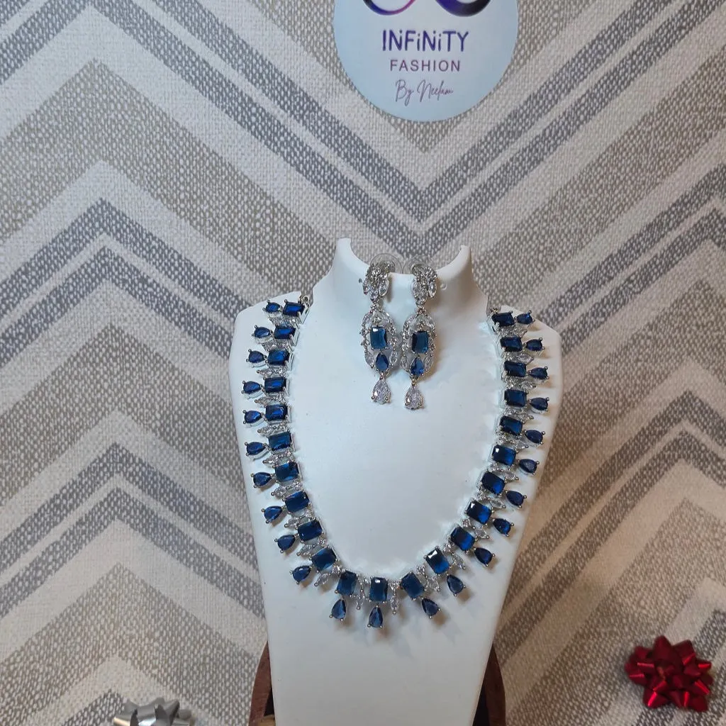 Deep Blue - Diamond Choker necklace American Diamond with designer earrings