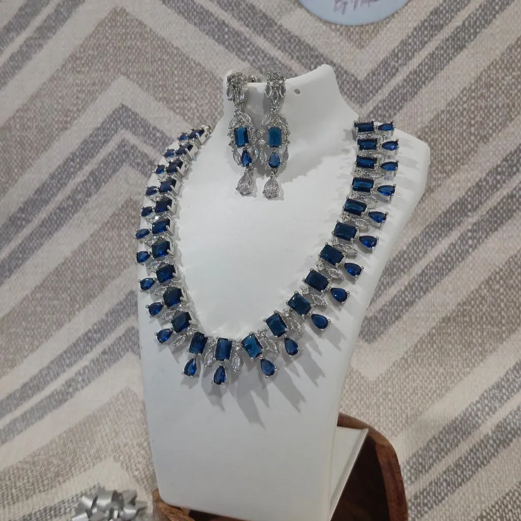Deep Blue - Diamond Choker necklace American Diamond with designer earrings