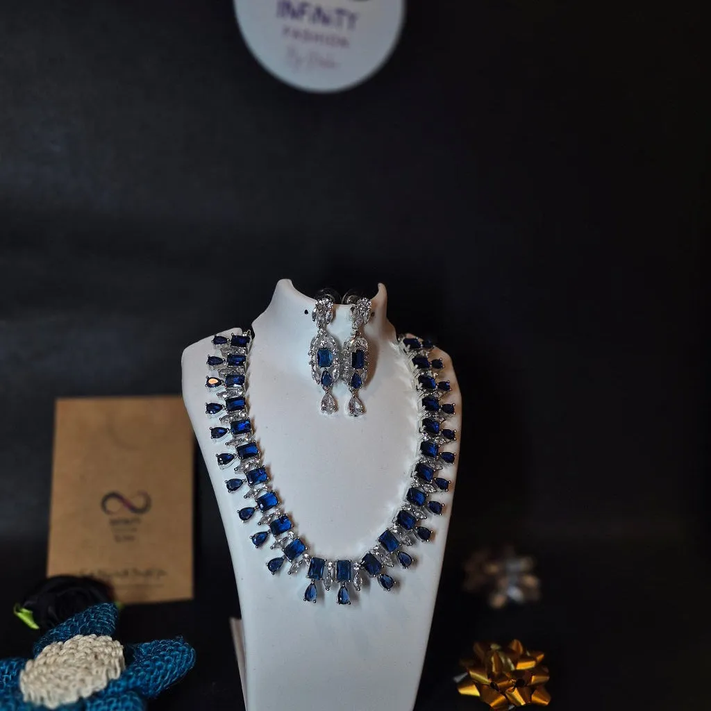 Deep Blue - Diamond Choker necklace American Diamond with designer earrings