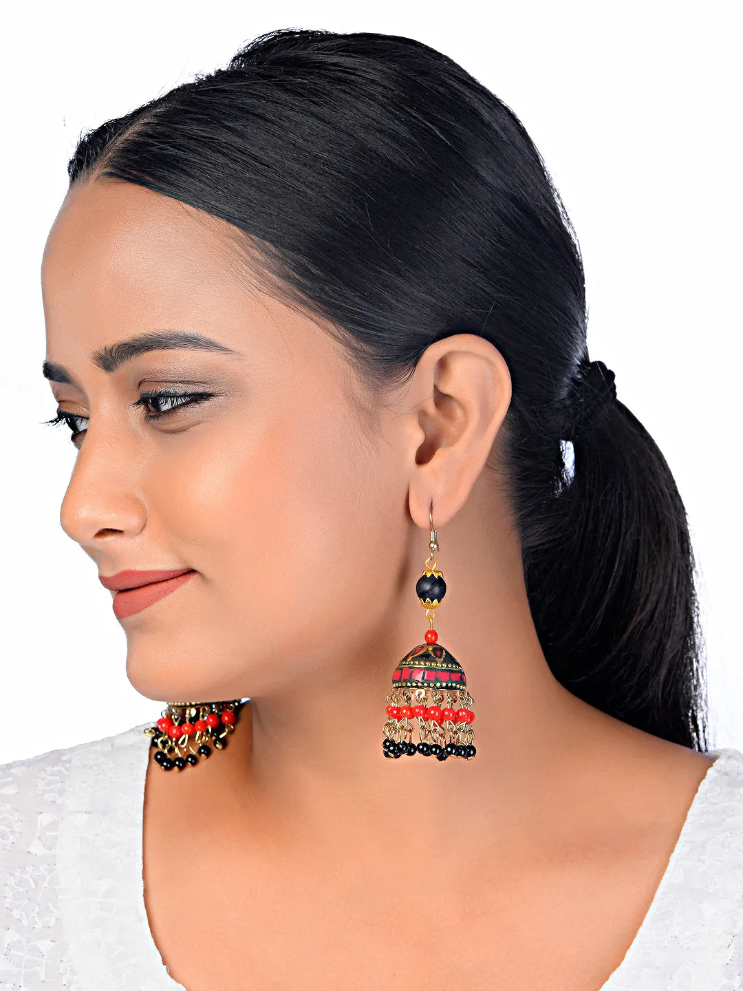 DESI COLOUR Black  Red Contemporary Drop Earrings